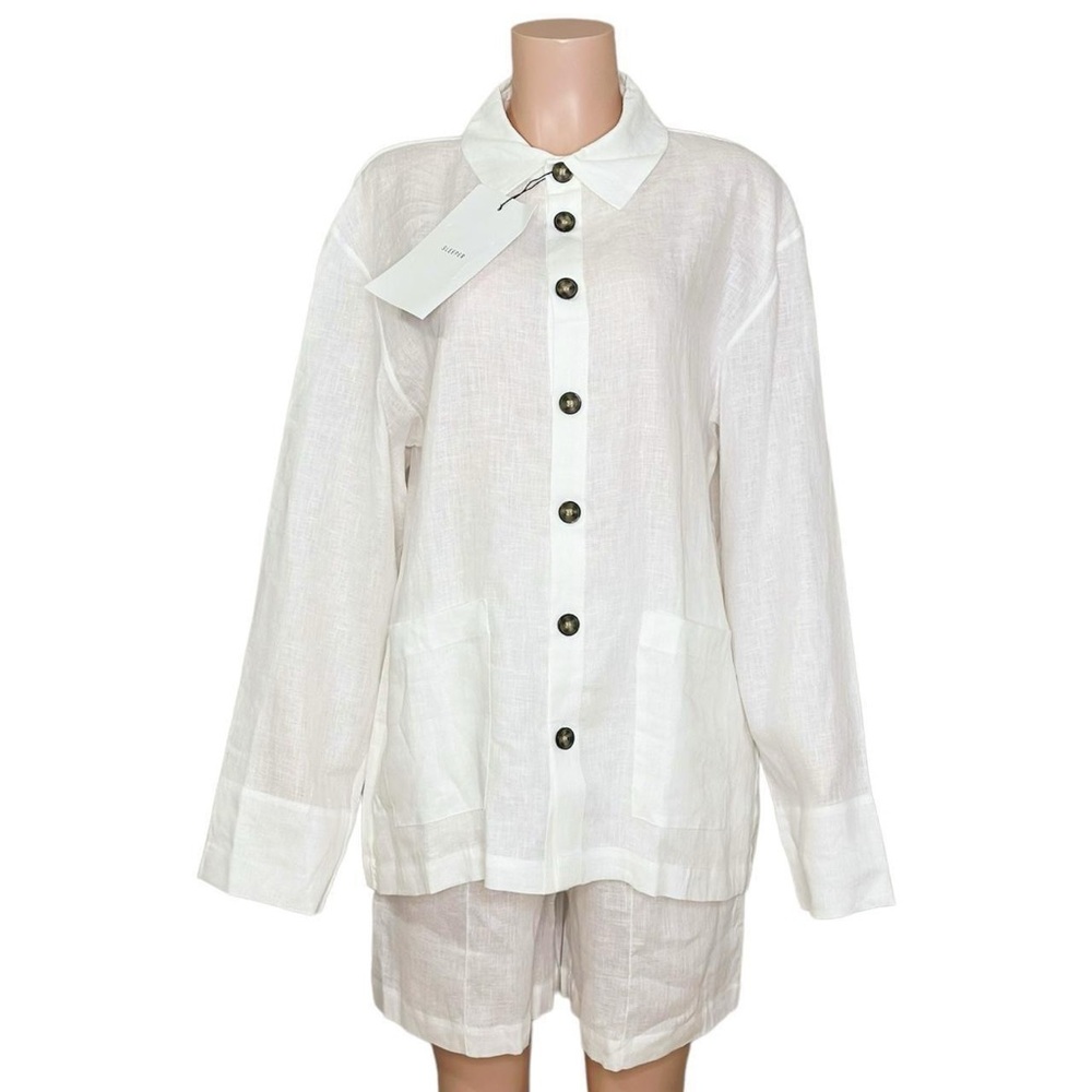 SLEEPER Linen Pajama Set With Shorts, White, XS/S - Picture 8 of 14